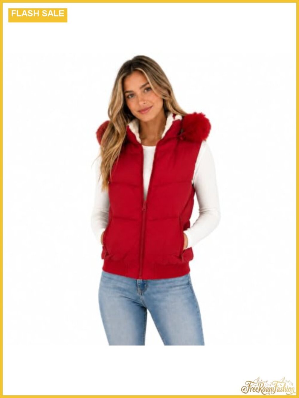 Womens Quilted Puffer Vest Faux Fur Hood Nylon Sleeveless Jacket